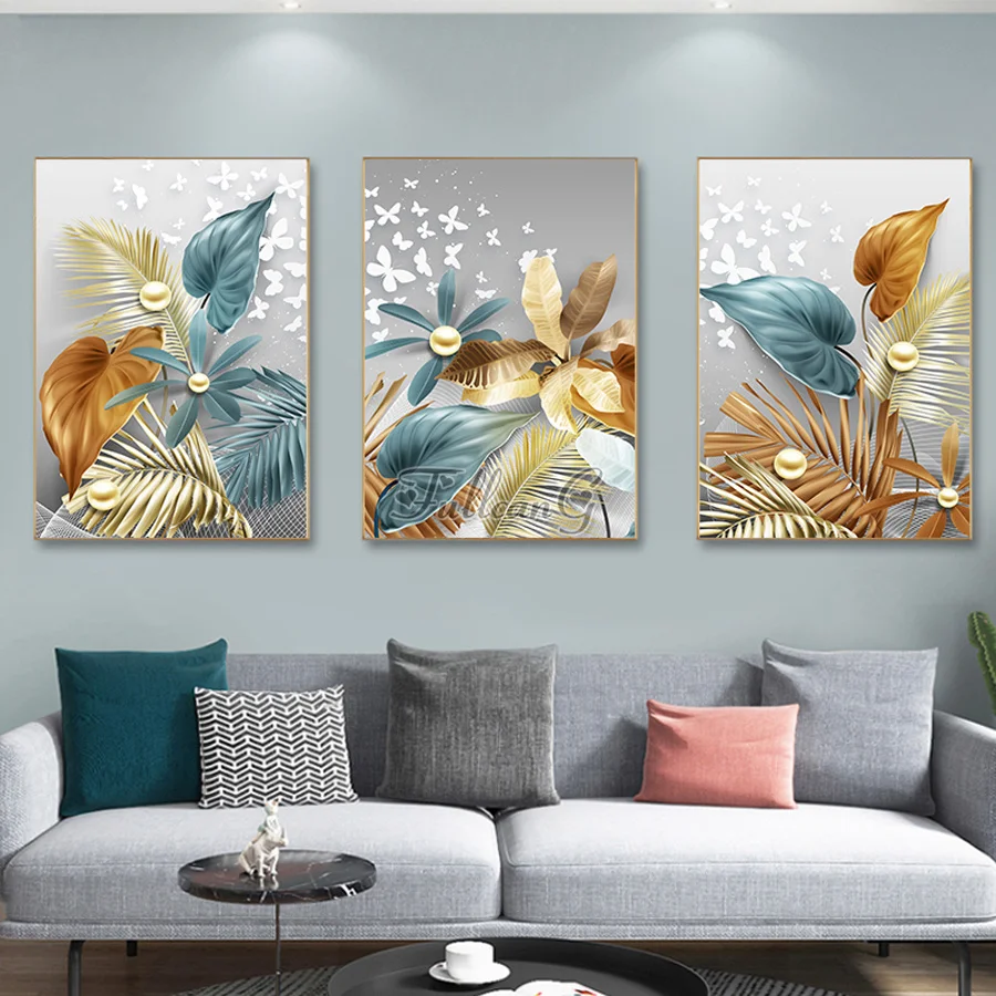 

3 Piece Set Diamond Mosaic Abstract Golden Butterfly Leaves Paintings Diy Full Rhinestone Embroidery Sale Triptych Kits AA4360