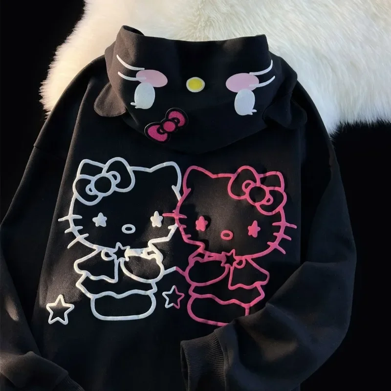 Sanrio Hello Kitty bluza Anime Y2k z długim rękawem bluzy z kapturem Harajuku Oversized bluzy z kapturem Streetwear kurtki