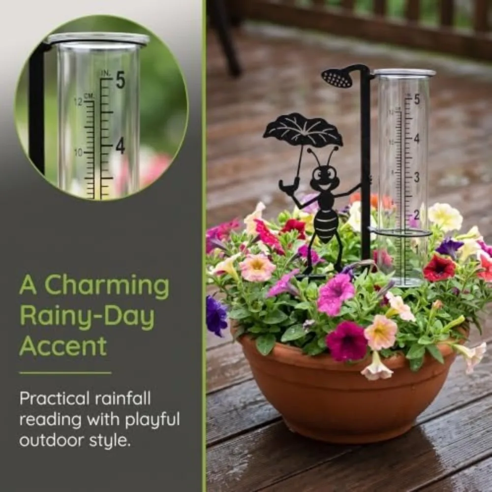 Dual Scale Outdoor Rain Gauge Clear Tube Black Metal Stake Garden Rain Gauge Two Pointed Lower Prongs Cartoon Ant Design