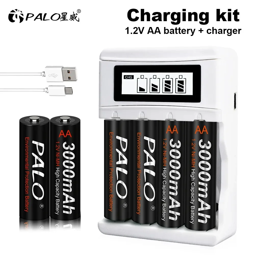 PALO AA Battery 3000mah Rechargeable Battery 3000mah with Smart AA Battery Charger 1.2v Ni-MH AA Toy Multi-function Batteries