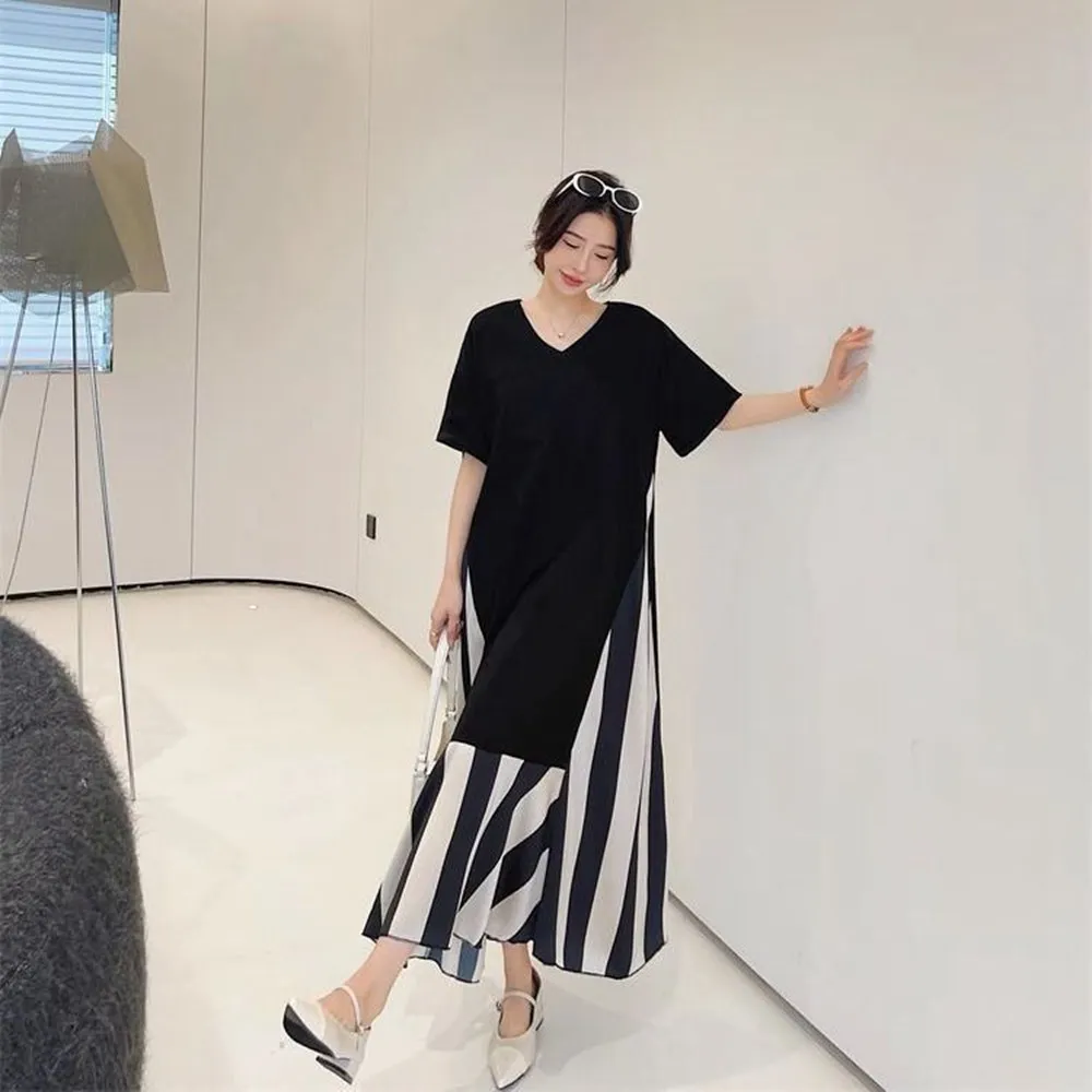 Plus Size 5XL 150kg Summer Long Dress Women Vintage Loose Waist Dresses Short Sleeve V Neck Elegant Black Women Patchwork Dress