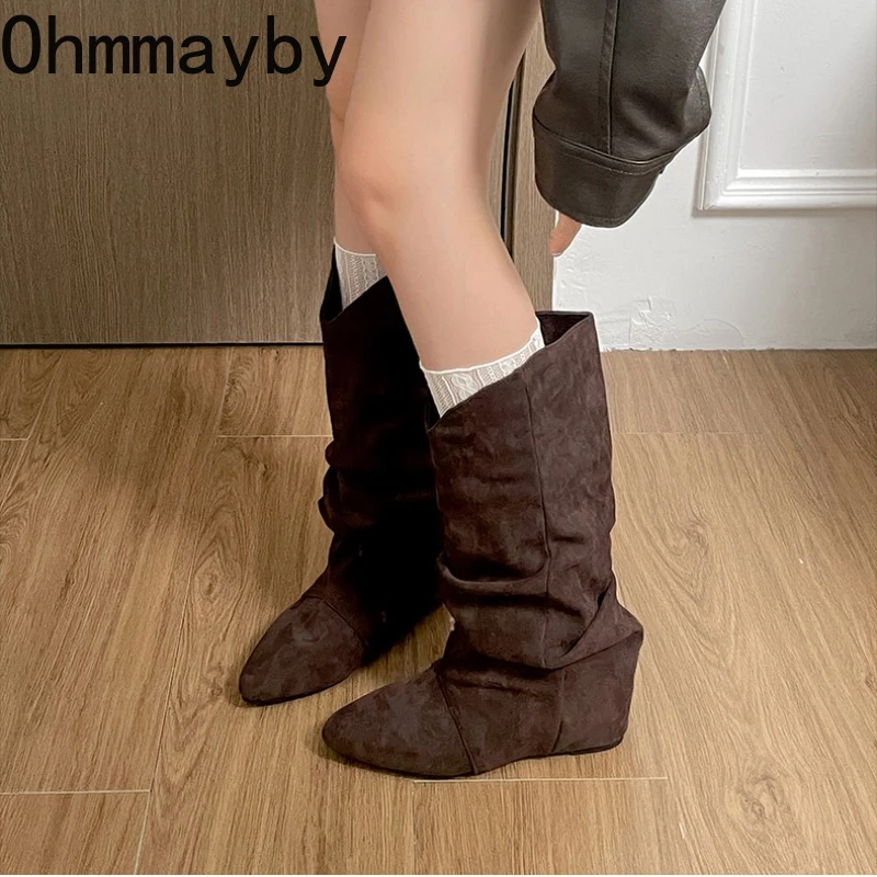 Winter Fashion Pleated Woman Knee-High Boots Pointed Toe Internal Elevation Shoes Street Style Mordern Long Botas Mujer image 4