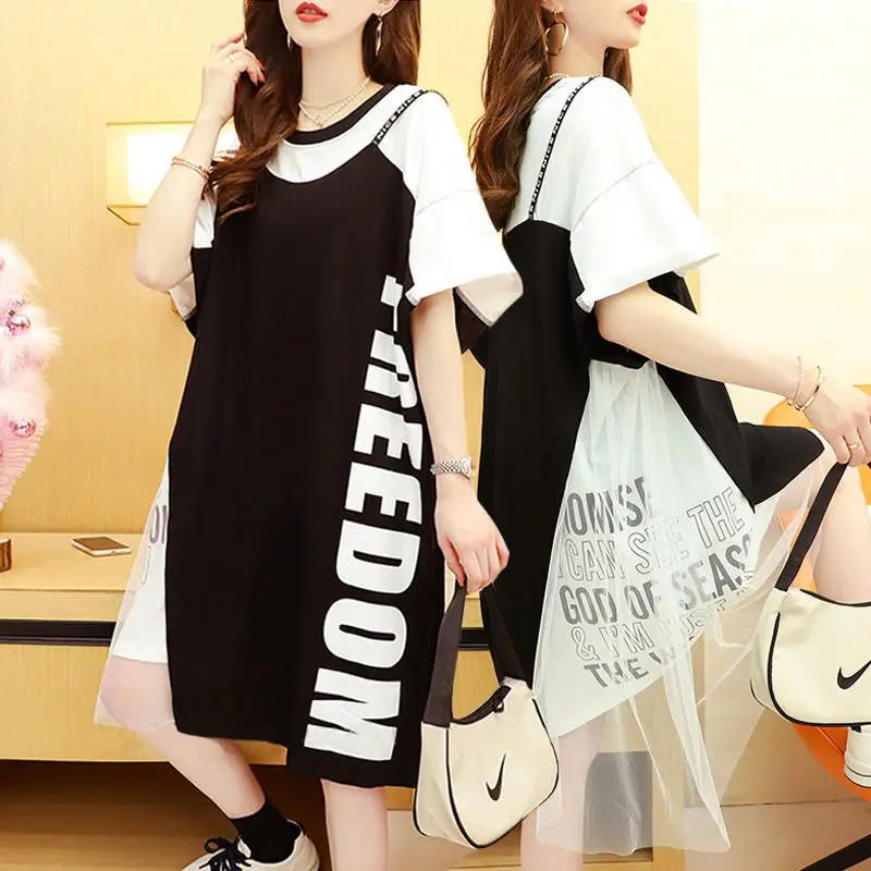 2024 Summer New Women\'s Korean Commute Loose Spliced Fake Two Pieces Gauze Letter Printed Crew Neck Short Sleeve T-shirt Dresses