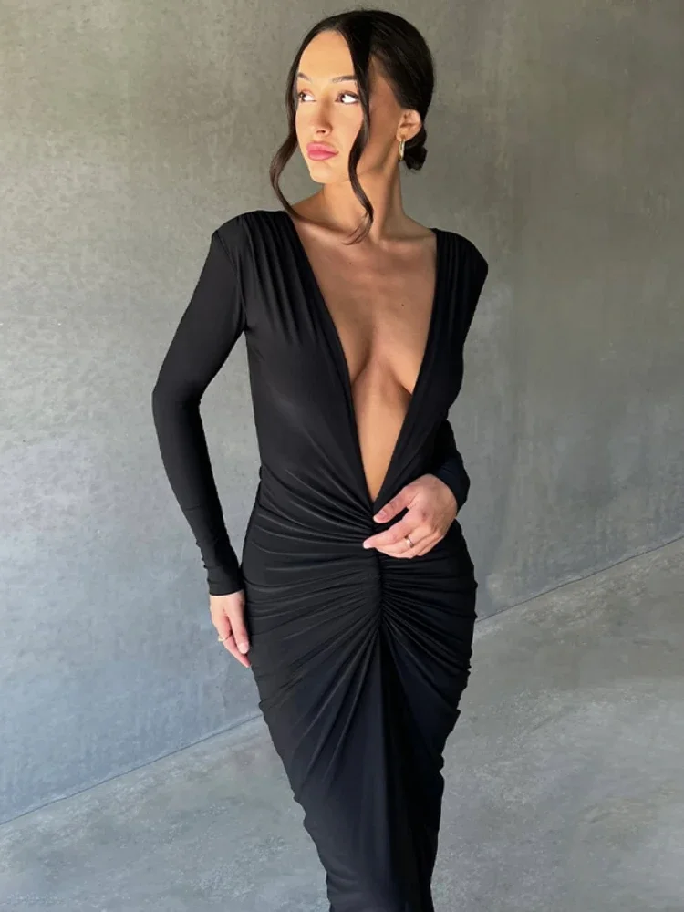 XIZOU Autumn Black Maxi Dresses for Women Deep V-Neck Long Sleeves Ruched Sexy Bodycon Maxi Dress Elegant Club Party Vestidos