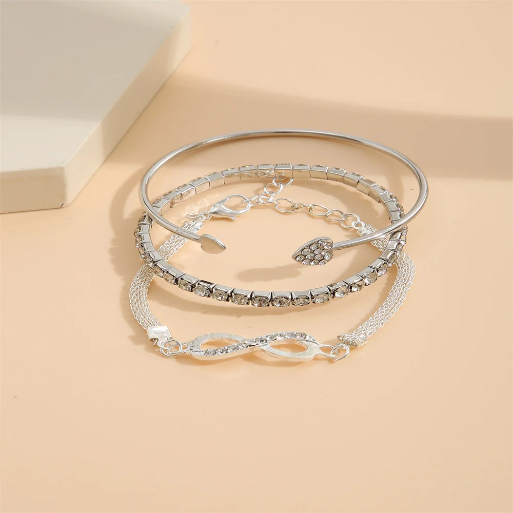 Vintage Set Silver Color Crystal Rhinestone Heart Bracelets for Women Fashion Geometric Adjustable Infinity Cuff Bangle Jewelry image 4