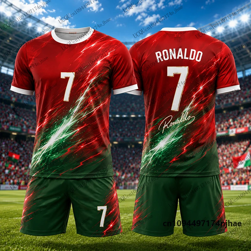 Children's Tracksuit Football Jersey Ronaldo #7 Print T-shirt+Shorts Sets Parent-child Suit Sports Kids/Adult 2 Piece Outfits