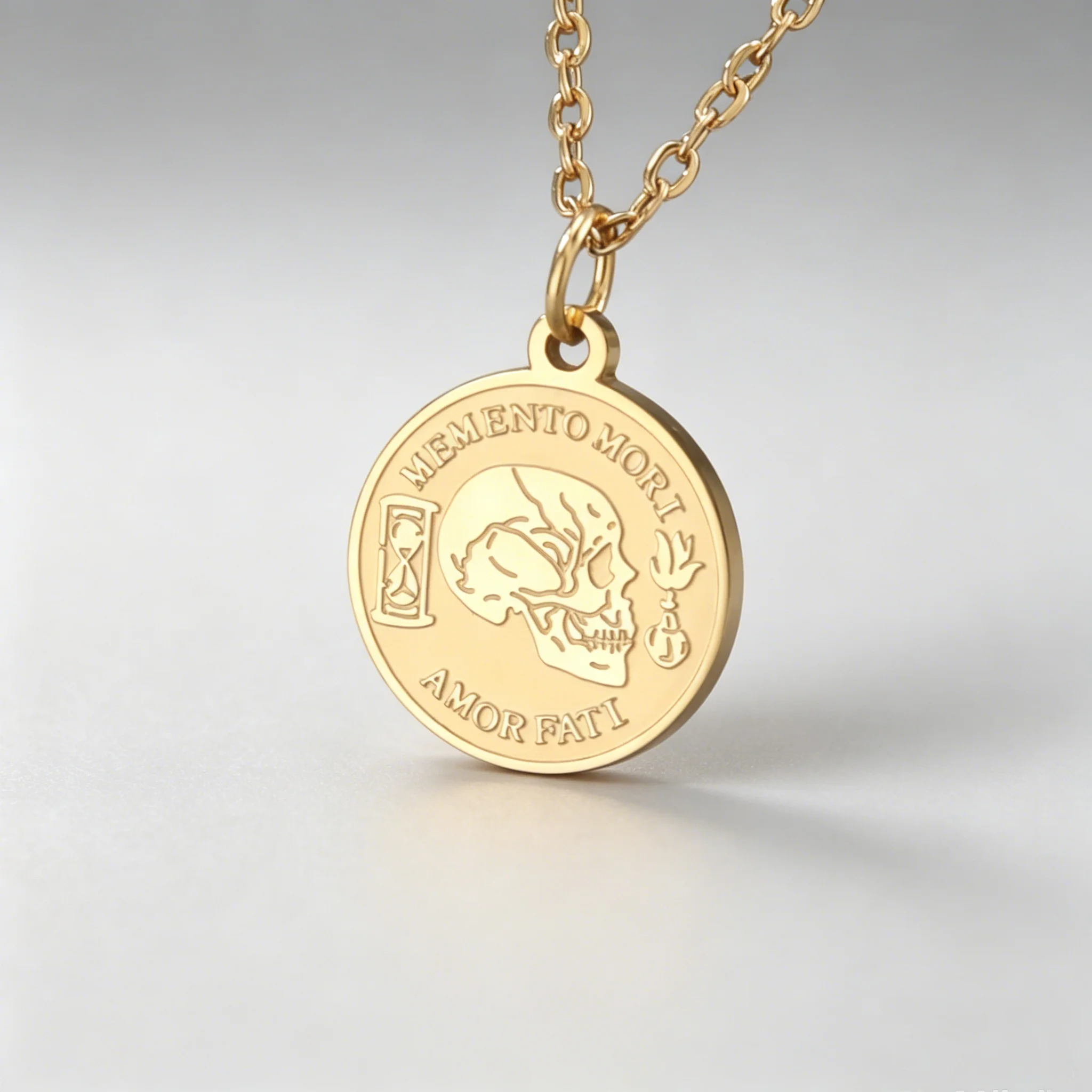 Latin Quote Skull Coin Necklace Memento Mori Remember Death Amor Fati Love Your Fate Stoicism Hourglass Torch Symbol Pendant