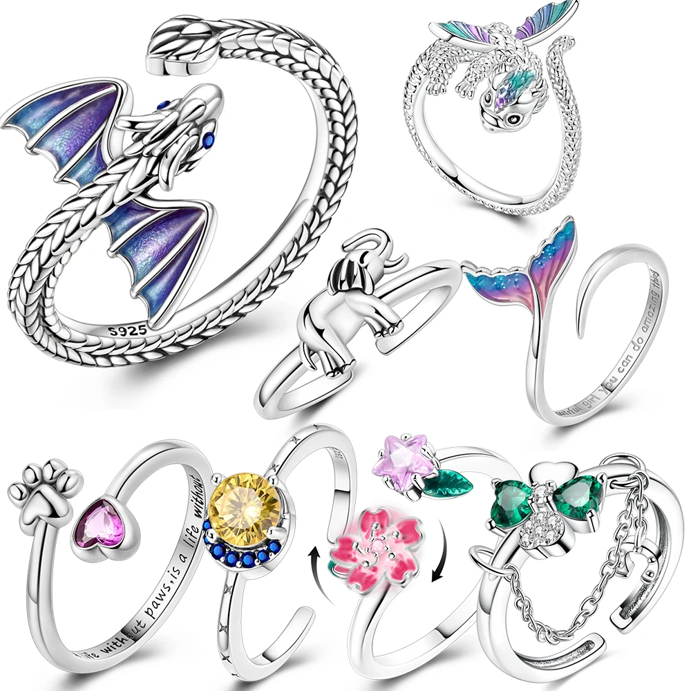 

Adjustable Ring 925 Sterling Silver Original Fire Dragon Blossom Flower Clover Open Rings For Women Wedding Jewelry Gift