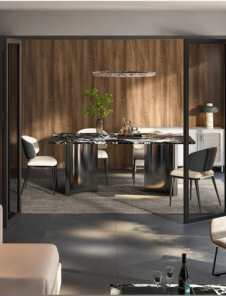

Natural Bulgari black luxury stone Italian light luxury high-end rectangular marble dining table and chair combination
