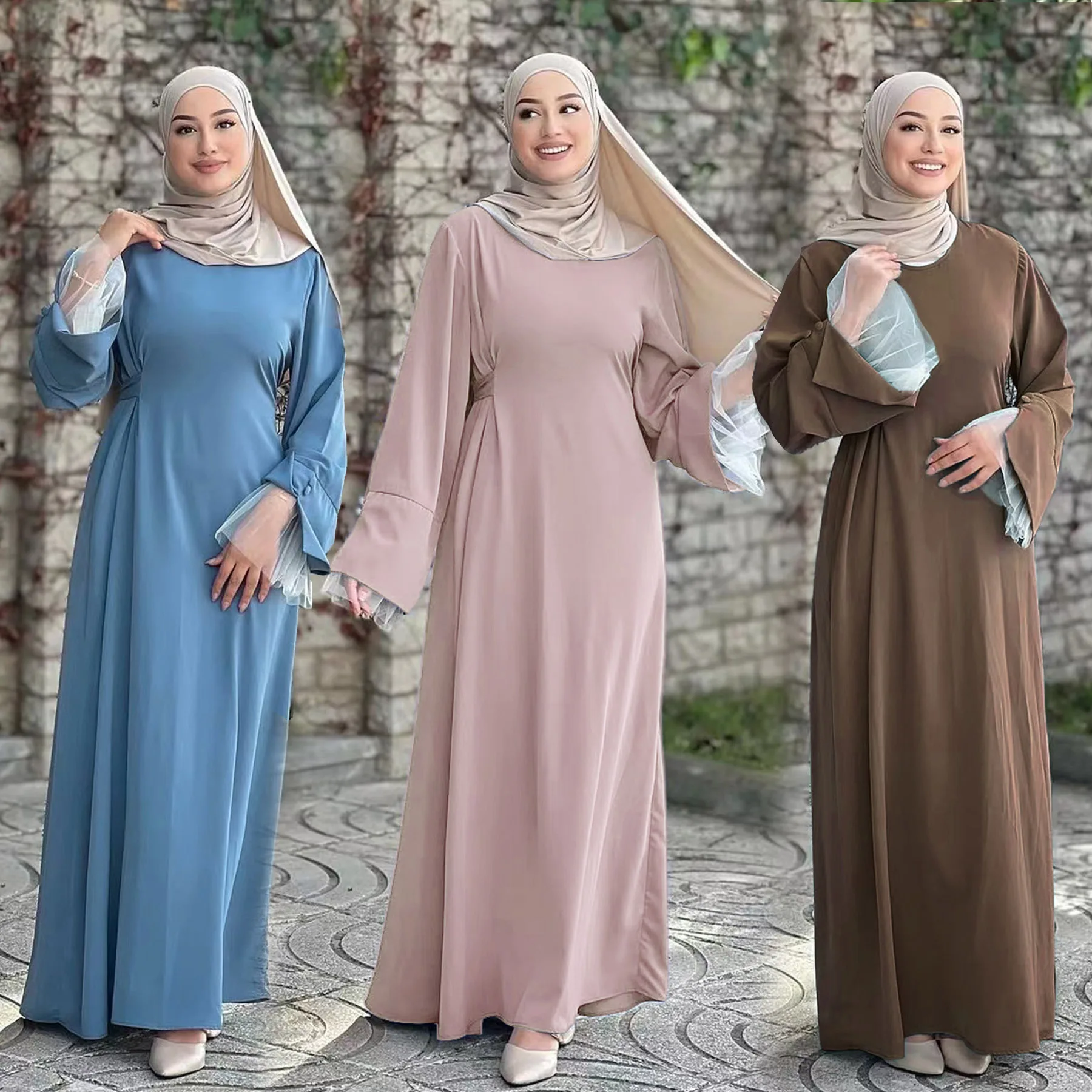 

Elegant Muslim Women Abaya Dress, Slit Cuffs with Layered Mesh, Integrated Belts, Dubai Turkish Islamic Clothing Hijabi Dress