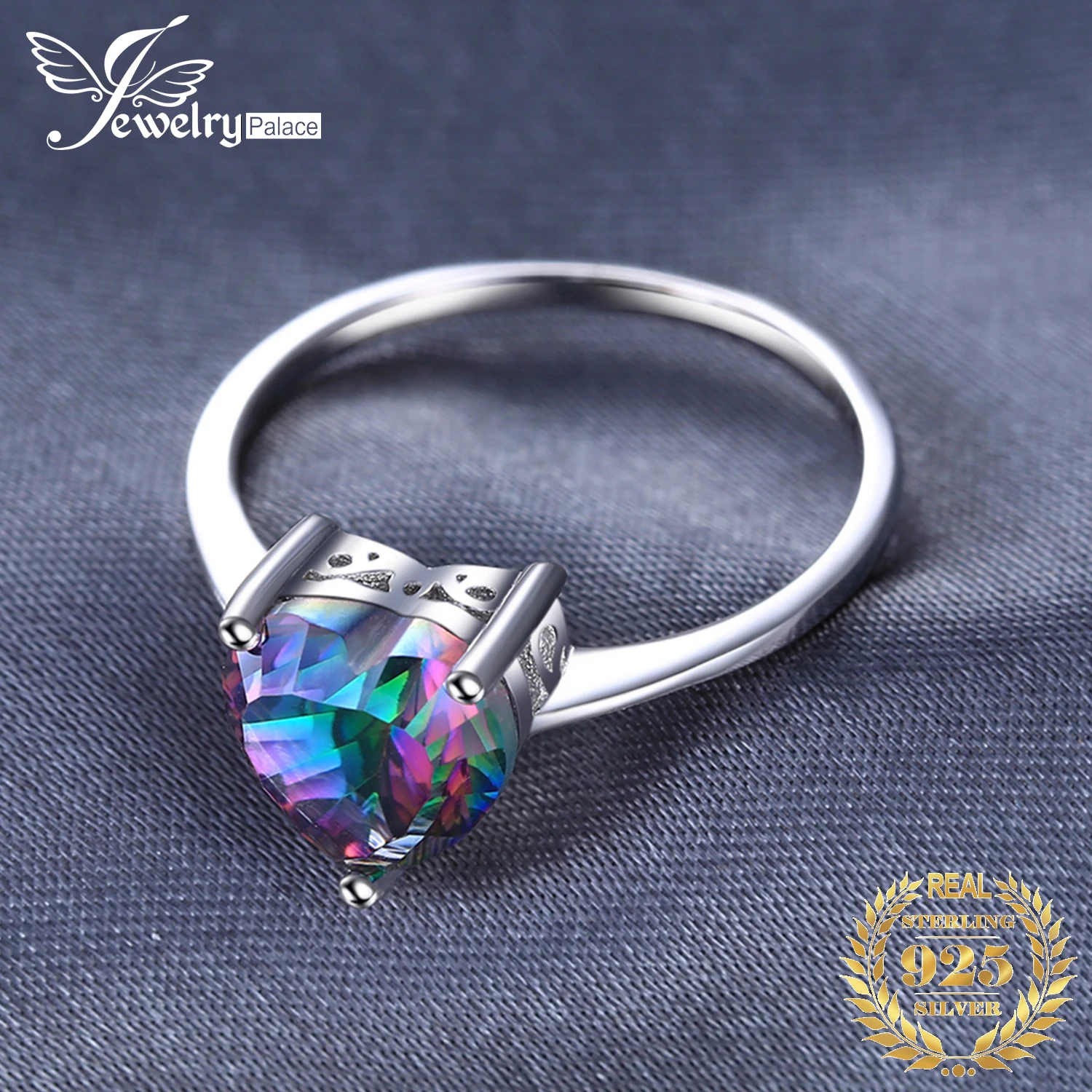 JewelryPalace Heart Natural Rainbow Mystic Quartz Solitaire 925 Sterling Silver Rings Women Fashion Colorful Gemstone Jewelry