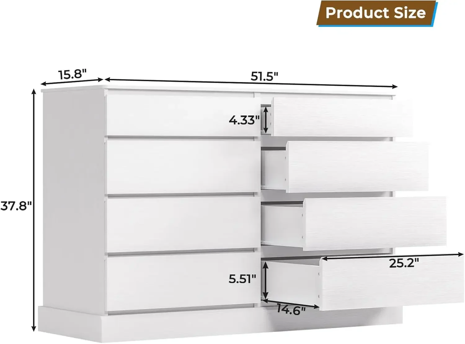 White Dresser for Bedroom Long 8 Drawer Wooden Chest Large Capacity Storage Organizer for Clothing