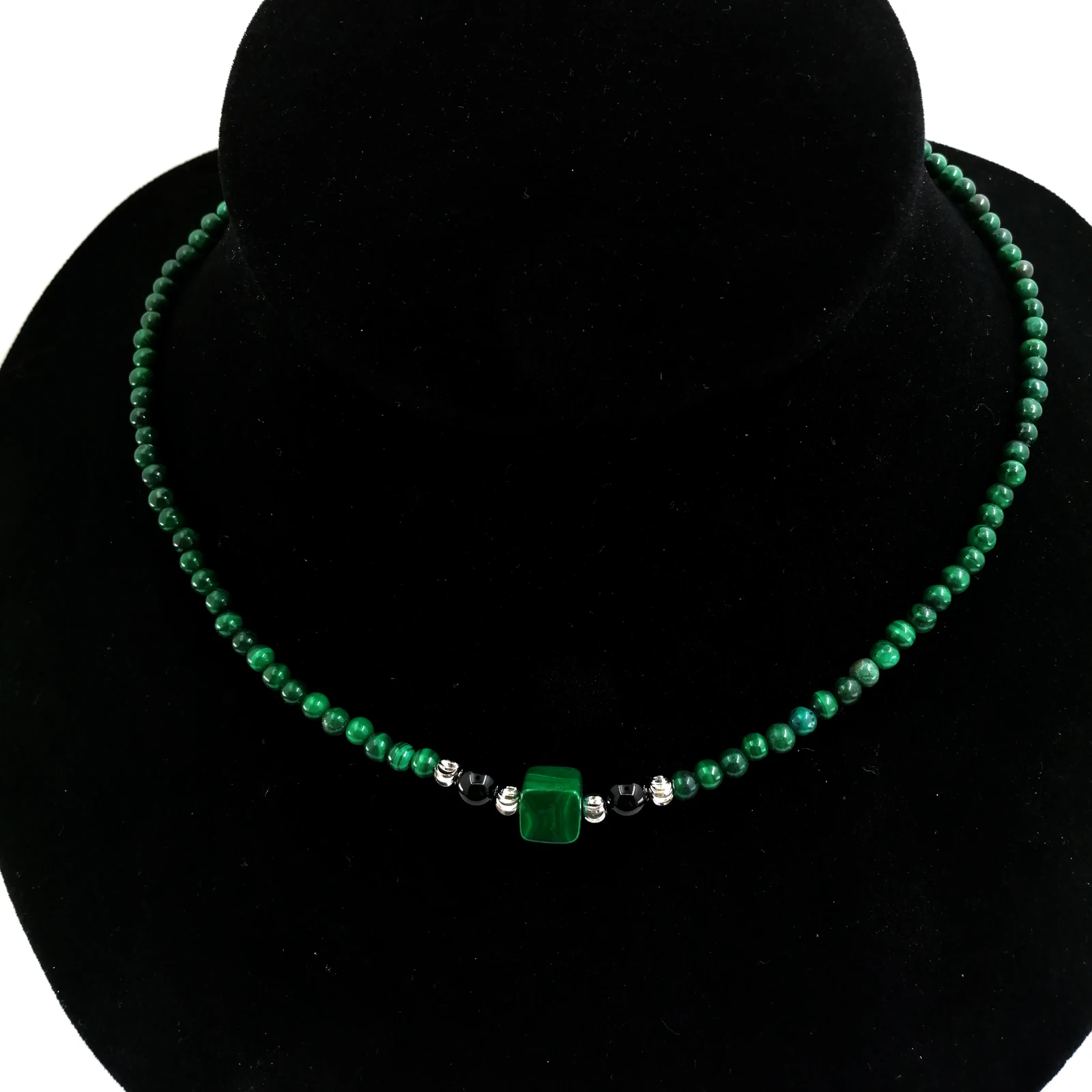 Elegant Malachite Beaded Necklace - Delicate 4mm Malachite Rounds with 8x8mm Square and 6mm Black Onyx Beads Adjustable Length