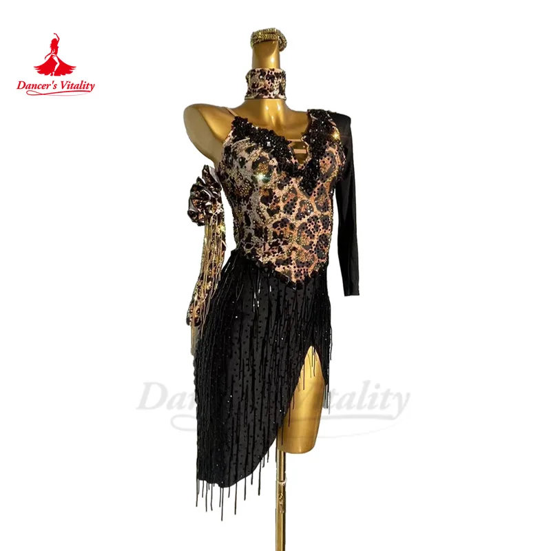 Latin Dance Dress for Women Senior AB Stones Leotard Fringe Skirt Rumba Chacha Tango Performance Clothing Latin Dancing Dresses