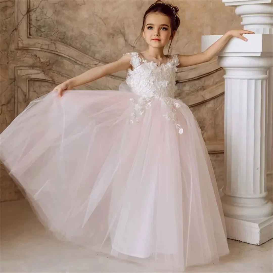 

Customized Flower Girl Dress Tulle Flowers Appliques Sleeveless For Wedding Birthday Party Banquet Holy Communion Gown