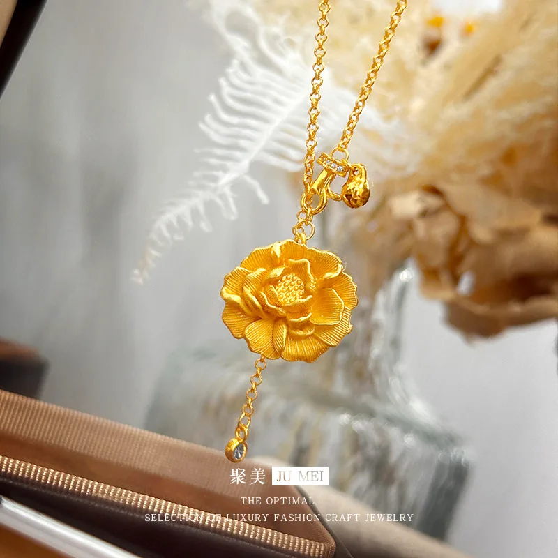 

9999 24K real gold store same style women's gold necklace peony flower sexy collarbone chain fashion jewelry