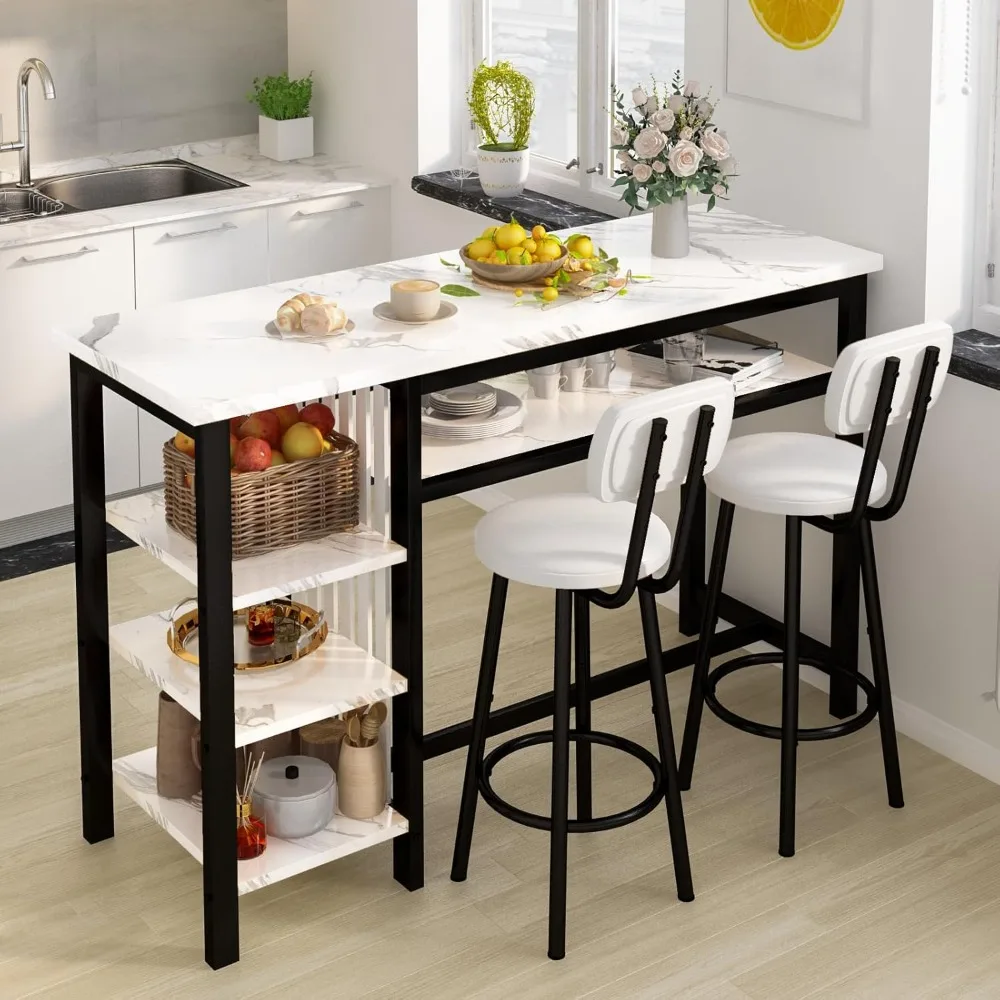 

3-Piece Bar Table and Chairs Set, Modern White Faux Marble Table with 2 PU Cushion Bar Stools, Kitchen Counter with 3 Tier