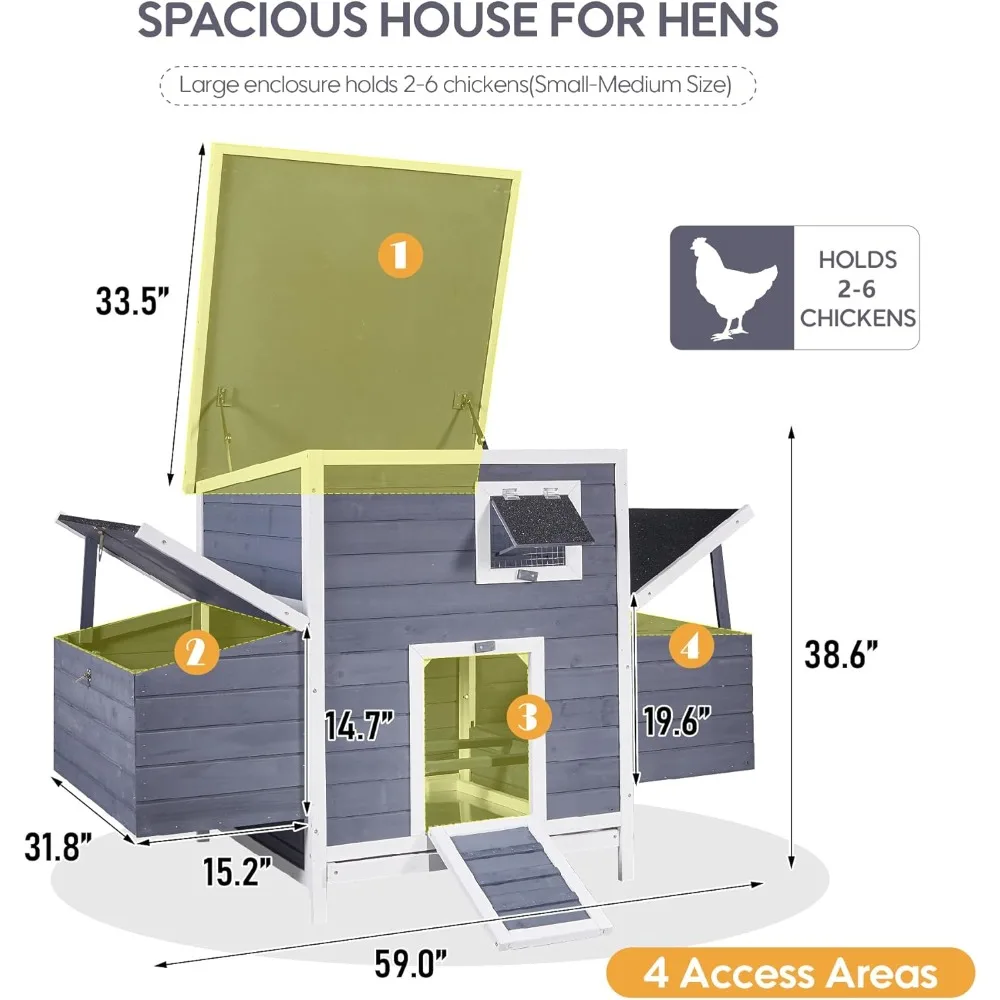 Large Chicken Coop for 2-6 Chickens, Wooden Hen House with 4 Nesting Boxes, Outdoor Chicken House Poultry Cage Rabbit Cage