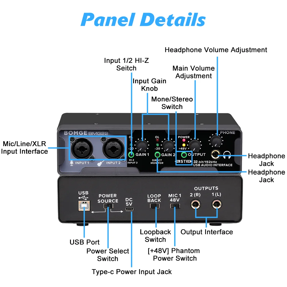 BOMGE Mezclador Tarjeta de sonido 32 bits/192 KHz, interfaz de audio USB 48 V Phantom Power Caja de metal para guitarristas cantantes y podcaster