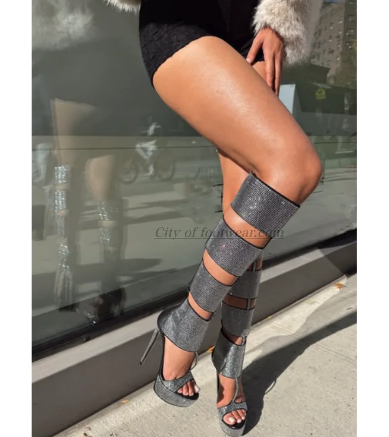 

Crystal Leather Sexy Knee High Boots Women's Platform Hollow out Open Toe Nude/Black/Red High Heels Sandal Boot Luxury Shoes