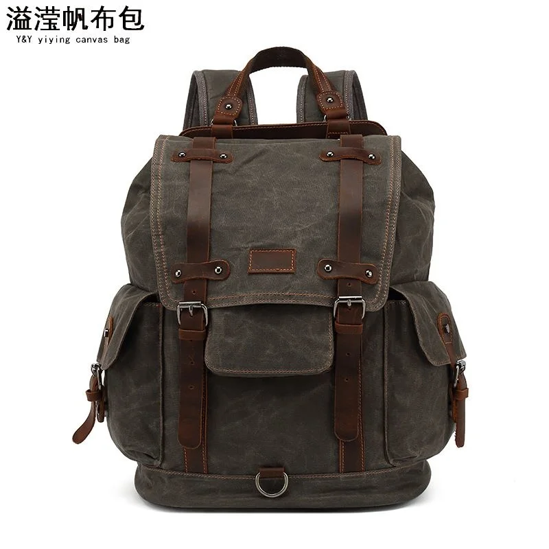 

Vintage canvas leather waterproof backpack travel mochila vintage masculina Rucksack men waxed Laptop Bagpack