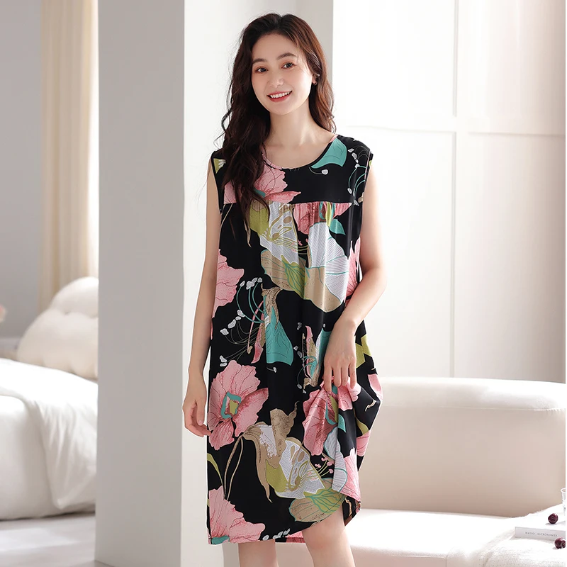 

Summer Cotton Women Nightgown Print Womens Vest Nightdress Casual Soft Sweet Female Sleepdress M-XXL