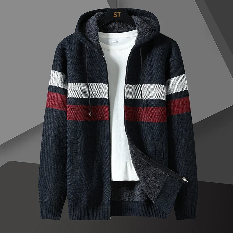 Men's Casual Outerwear Hooded Knit Autumn/winter Thickened Striped Color Blocking Hoodie