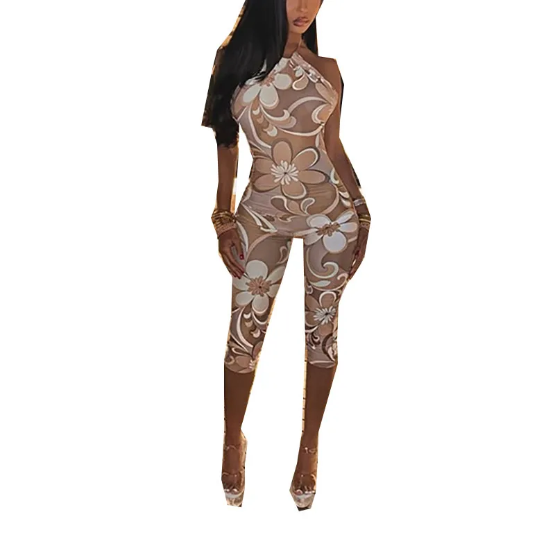 STYLISH LADY Floral Printed Backless Playsuits 2025 Summer Women Halter Bodycon Hollow Out Sexy Club Party Rompers