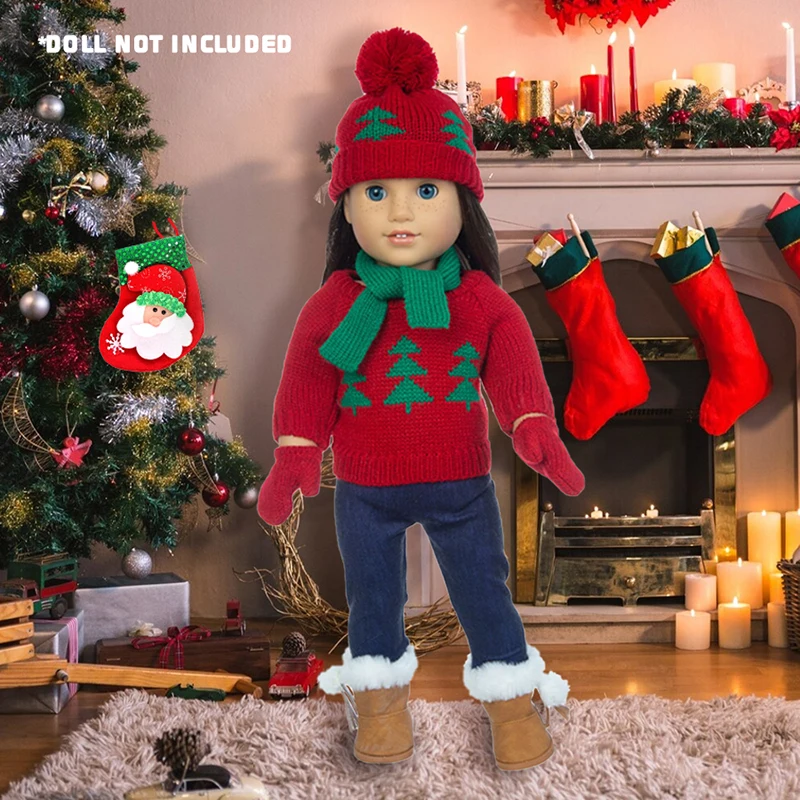 2024 Christmas 18Inch Doll Sweater Set American Girl Doll Clothes Candy Bag Antlers Hair Clip Woolen Gloves And Cap Snow Boots