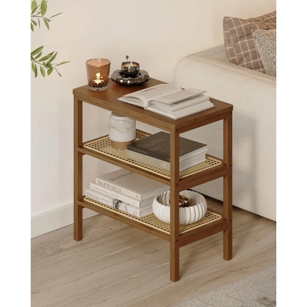 Rattan Side Table Mid Century Modern End Table 3-Tier with Storage Narrow Coffee Table Boho Night Stand Bamboo