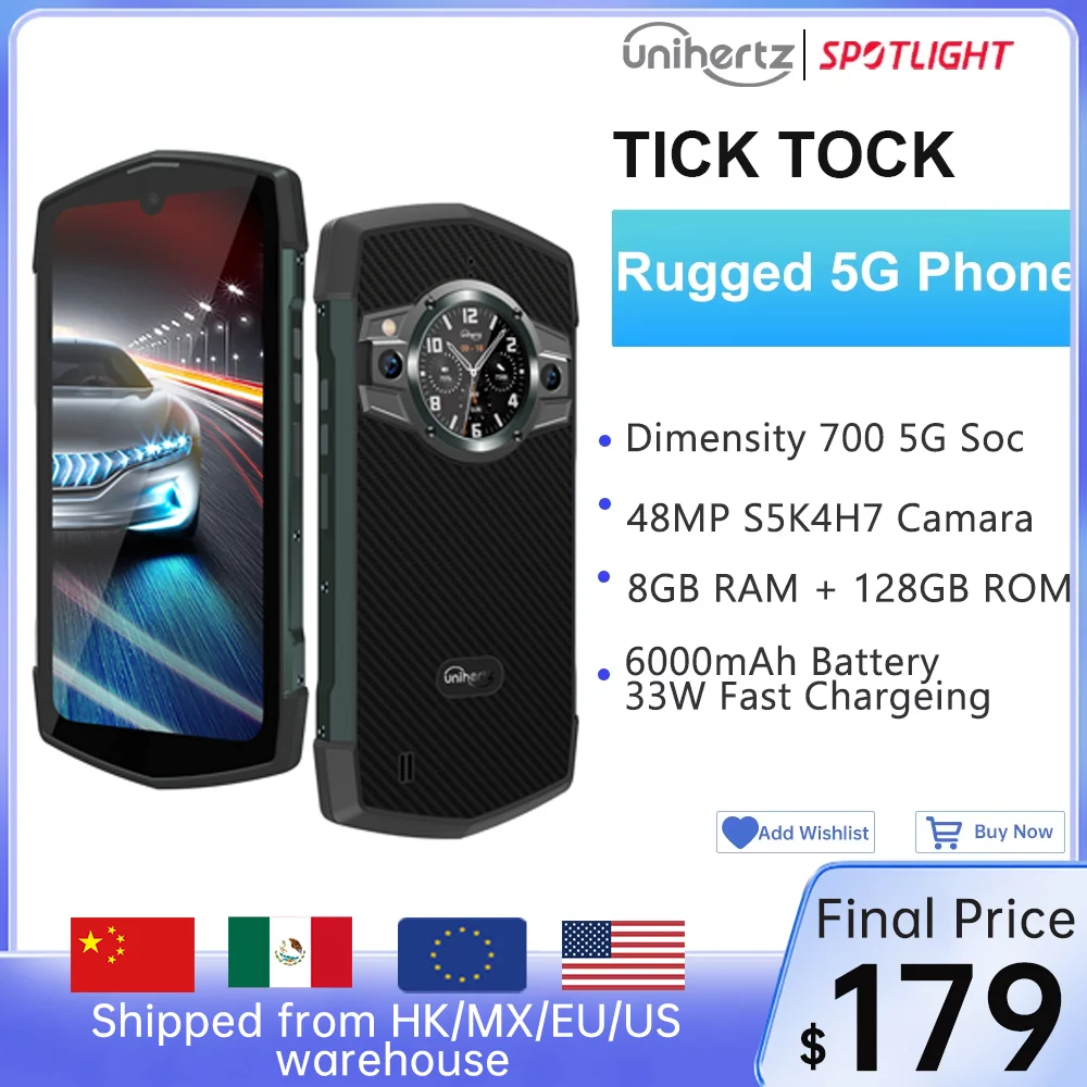Unihertz Tick Tock 5G Rugged Smartphone Android 6+256GB 48MP Camera Cellphone 6000mAh Phone with Dual-Screen IP 68 Waterproof