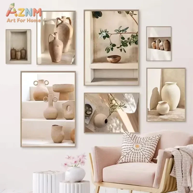 AZNM - Impresión artística en lienzo de jarrón de cerámica beige neutro, estilo Wabi Sabi, póster de planta de eucalipto, decoración minimalista para el hogar, sin marco