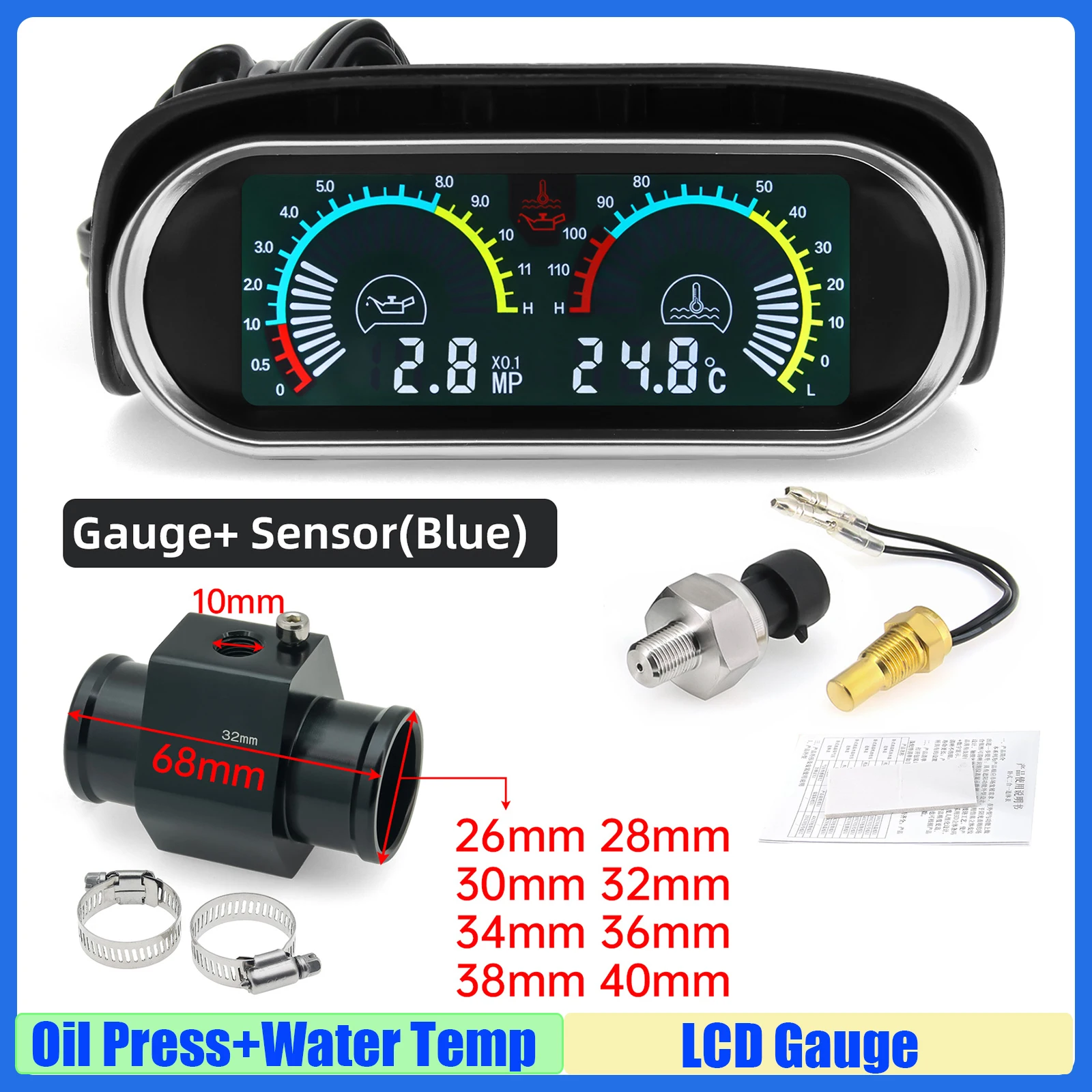 

MAIMEIMI ЖК-манометр Манометр масла + измеритель температуры воды с датчиком температуры, соединительная труба, датчик, адаптер для шланга радиатора