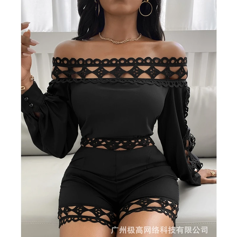 Women Playsuits Sexy Solid Color Slim High Waist Openwork Playsuits Women Long Sleeve Off Shoulder Slash Neck Straight Playsuits
