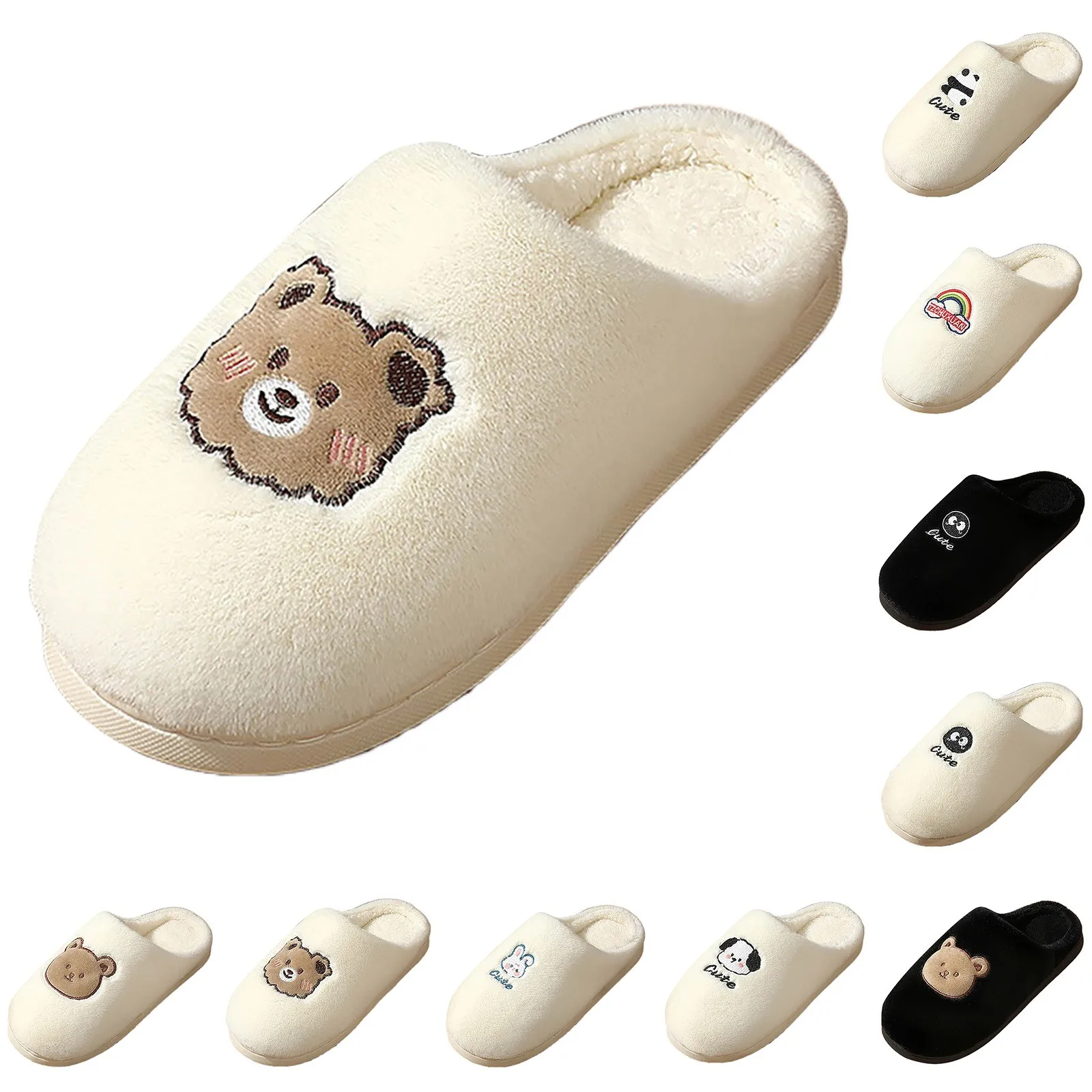 Cute Bear Cartoon White Plush Slippers Home Soft Sole Couple Slippers Men 2023 New Winter Warm Thick Sole Womens Cotton Slippers