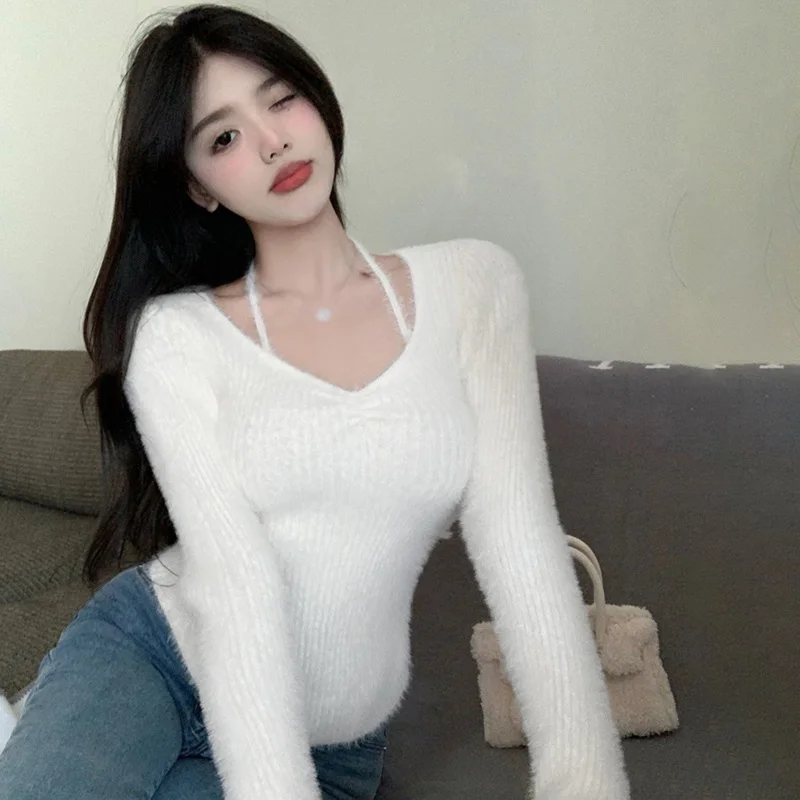 Women Pullover Korean Sweater Warm Bottomed Long Sleeved Thin Mink Hair Neck Hanging Autumn Winter Top