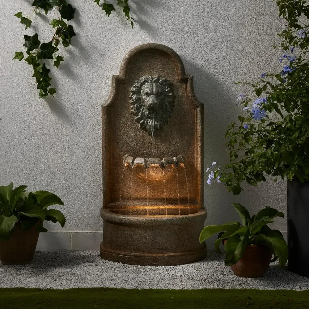 Iered Outdoor Water Fountain with LED Light Decorative Vintage European Style 3-Tier Oversized Lion Head Waterfall Home & Garden