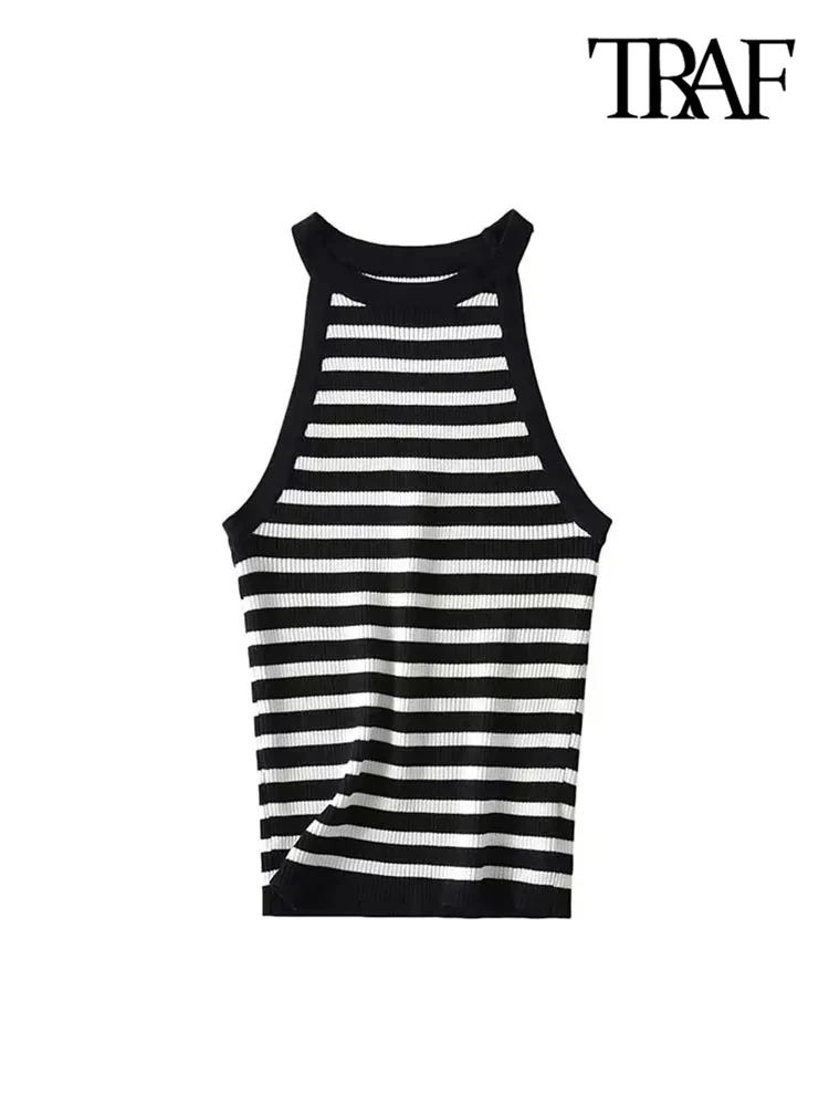 TRAF Women Fashion Striped Basic Knit Tank Tops Sexy Sleeveless O Neck Female Camis Mujer