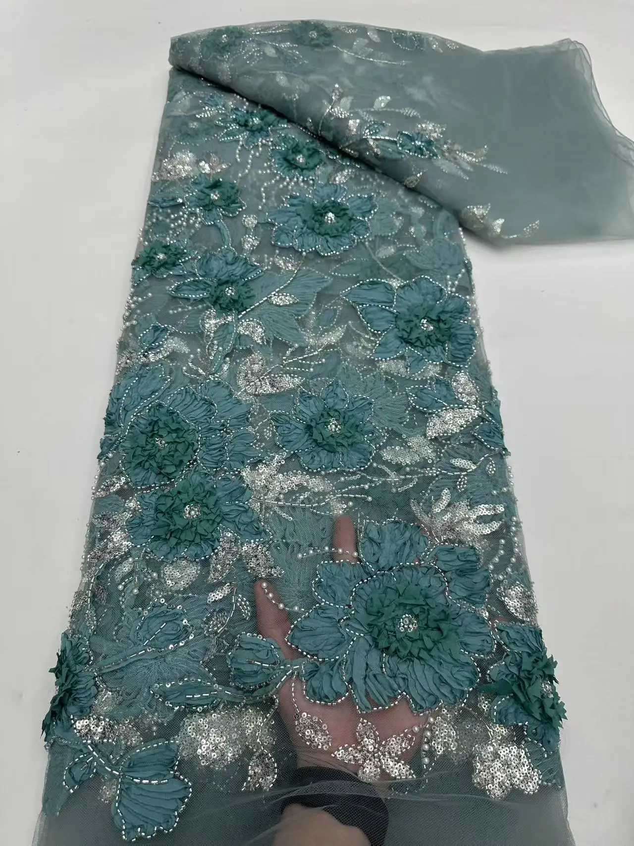 ผ้าลูกไม้แอฟริกัน ผ้าลูกไม้ปักลูกปัดคุณภาพสูง ปี 2025 สีหัวหอม ปักลายดูไบ ปี 2025 ชุดเดรสงานเลี้ยงสุดหรู Hm123-1