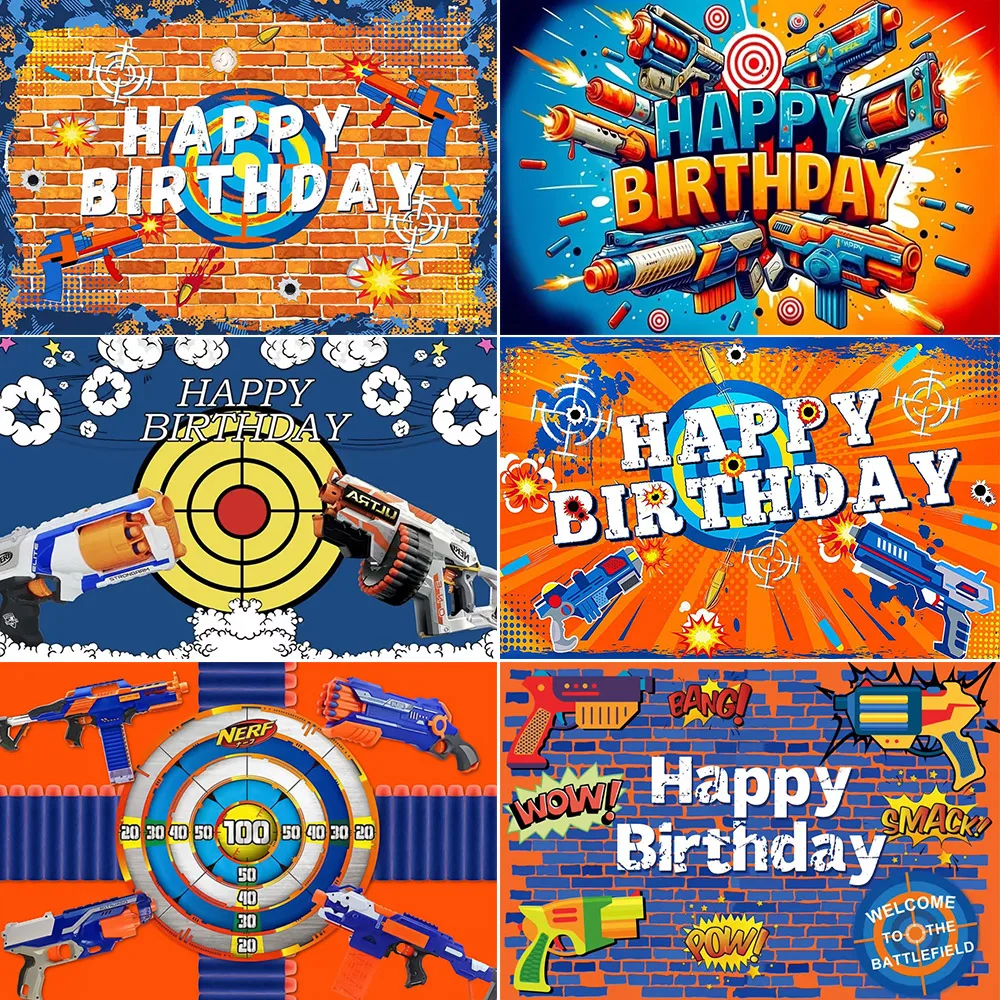 Nerf Gun Party Photography Backgrounds Boys Shooting dartsBirthday Photo Backdrops Cartoon Decor Banners Poster Customized Prop