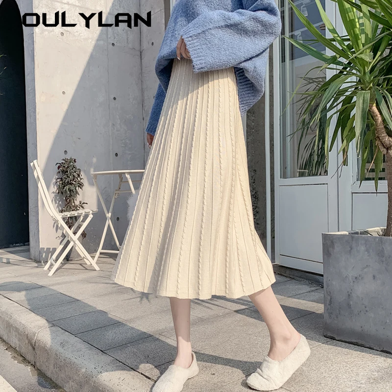 

Oulylan 2024 Korean Fashion Long Pleated Skirt Women Vintage Y2k Autumn and Winter High Waist Streetwear Solid Color Skirt