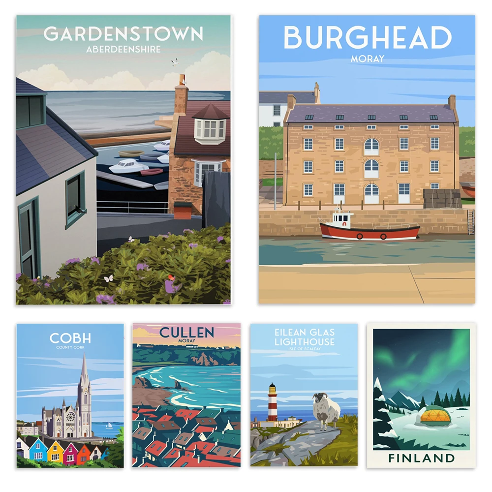 Carteles de viaje de Scarpe Island, Scots Rail, Burghead Harbour, Welsh Clock Tower, Northern Lights Finland, Lower Largo, East Fife