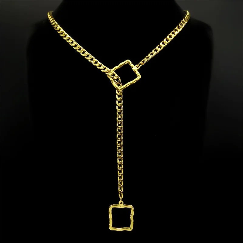 Quadratische O-Ring-Kette für Damen und Herren, Punk-Rock-Halskette, Edelstahl, herzförmige lange Halsketten, verstellbare Y-Halskette, Schmuck – Detail 7