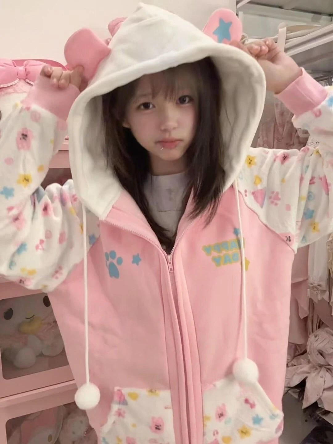 Harajuku Kawaii Coats with Hoodies Women Japanese Sweet Lolita Sweatshirts Kawaii Cartoon Print Y2k Overcoat Fashion Clothes Top