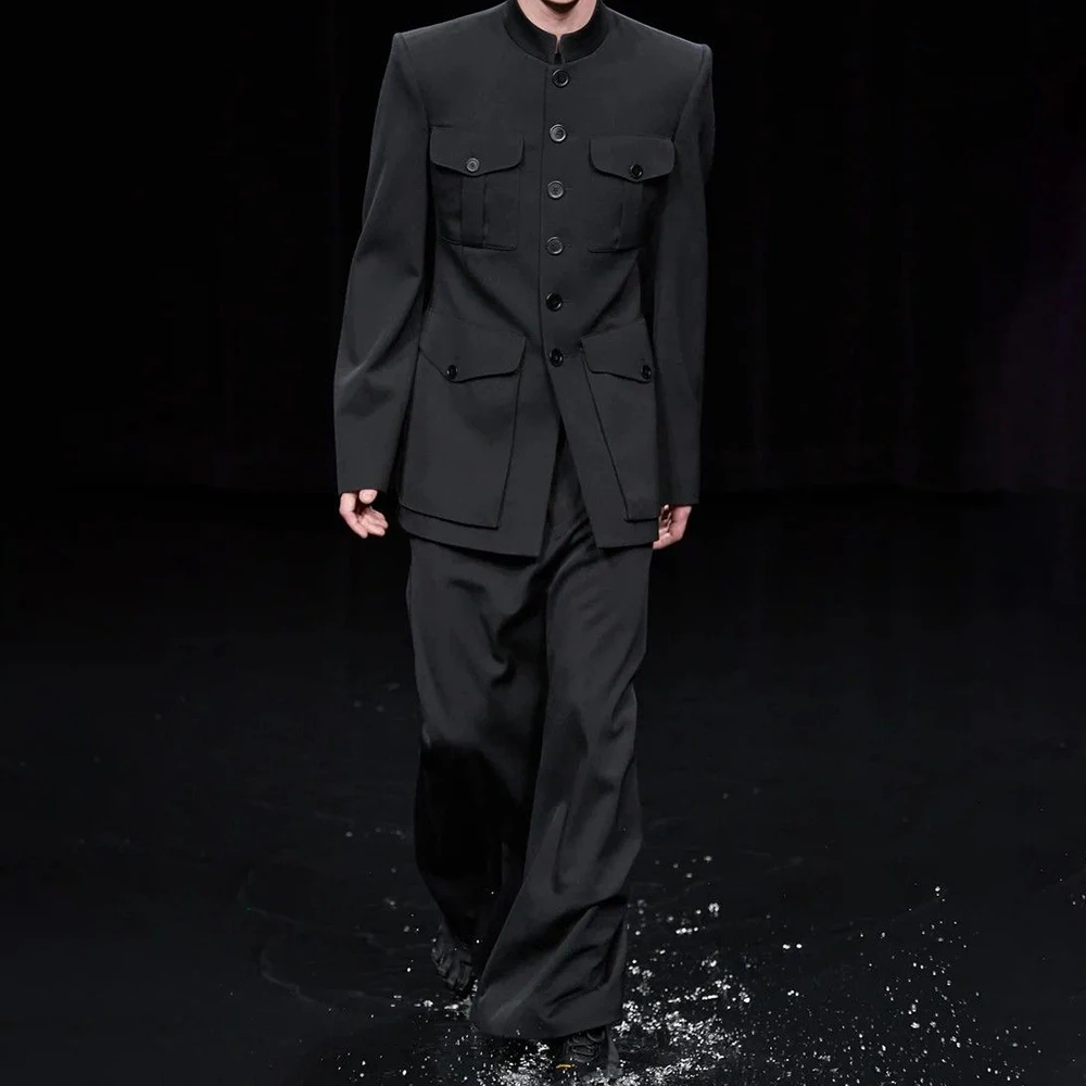 

Men's Fashion Suits 2 Piece Set Distinctive Mandarin Collar Single-Breasted Blazer with Pants Modern Groom Formal Attire