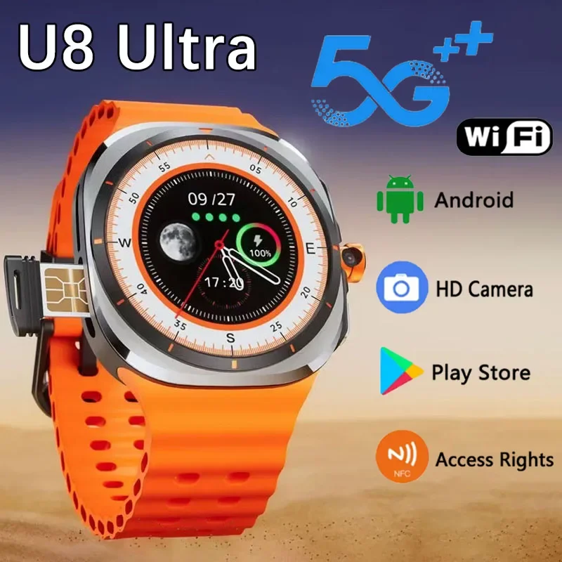 

U8 Ultra 5G SIM Card WiFi Smartwatch NFC GPS Positioning Compass HD 180°Rotating Camera Heart rate Application Smart Watch Men