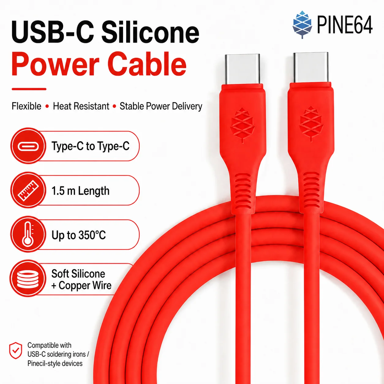PINE64 Original Type-C Silicone Power Cable 350° High-Temperature Resistance Special power cord for Pinecil V2 V1 Soldering iron