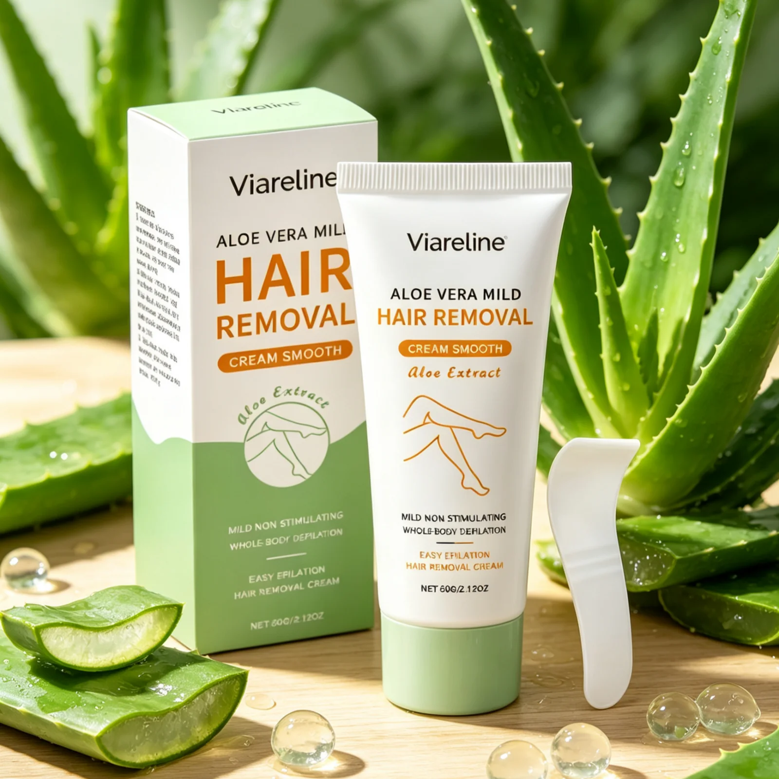Viareline Aloe Vera Hair Removal Cream Moisturizing Skin Soothing Reduce Skin Roughness Gentle Depilation Cream with Scraper 60g