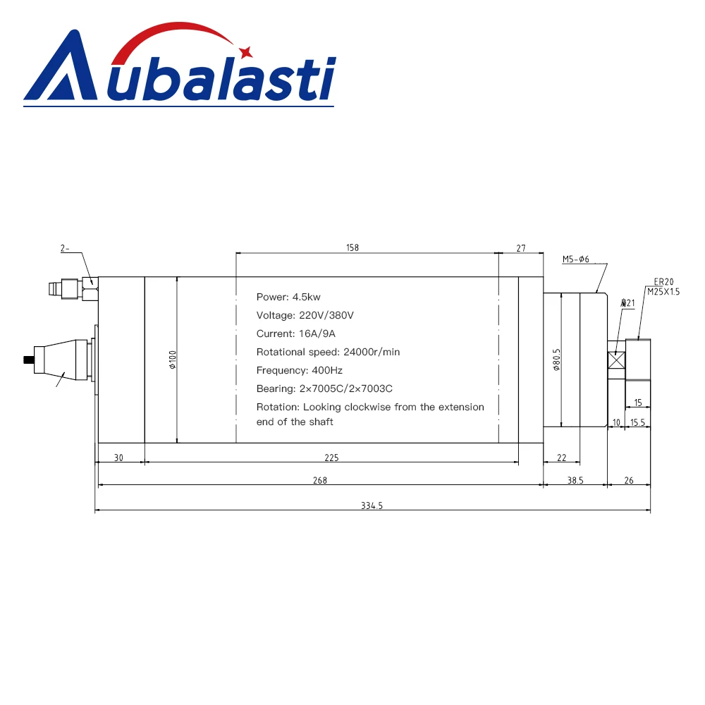 Aubalasti CNC Water Cooled Spindle Motor 4.5kw 220V 380V ER20 24000RPM for CNC Stone Cutter
