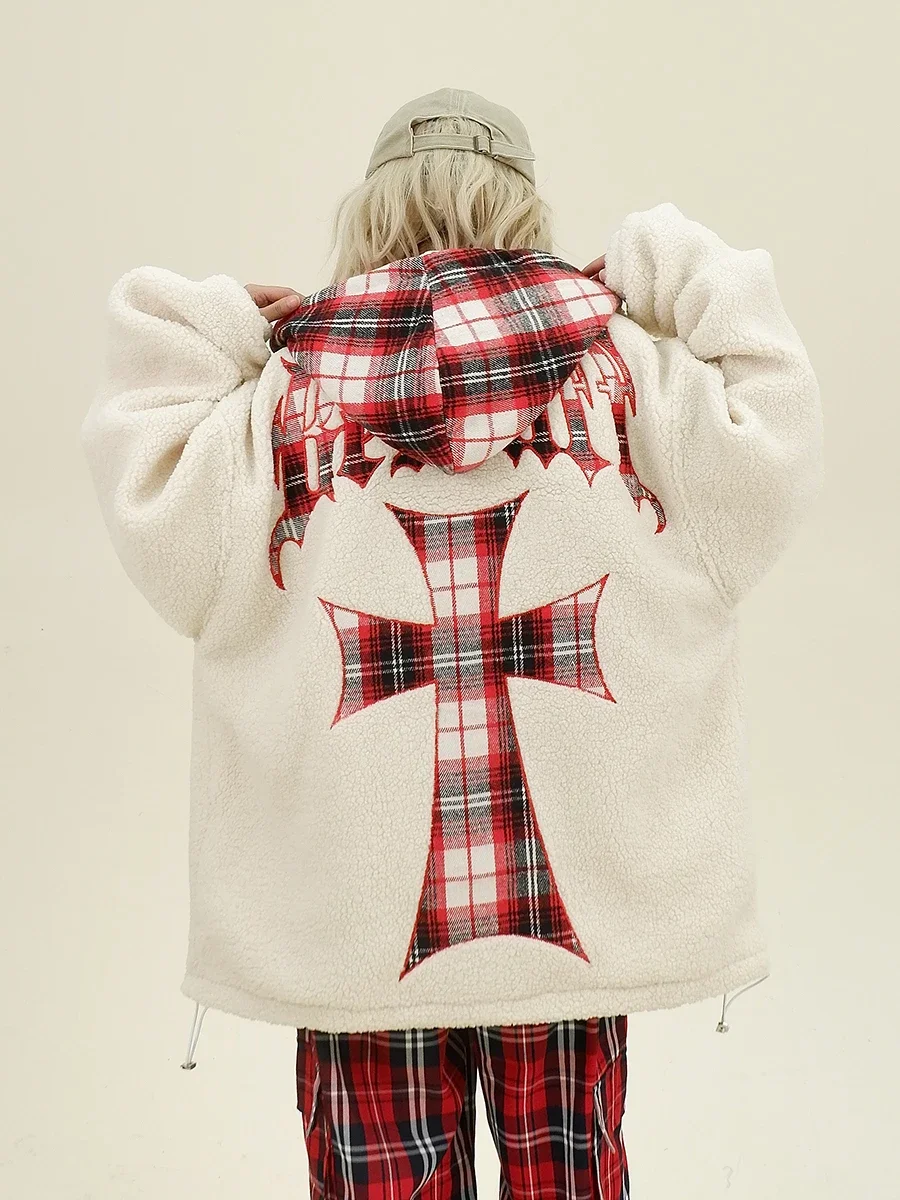 

Plaid Splicing Hooded Cotton-padded Coat Women's 2024 Winter New Loose Bf American College Style Thickened Jackets